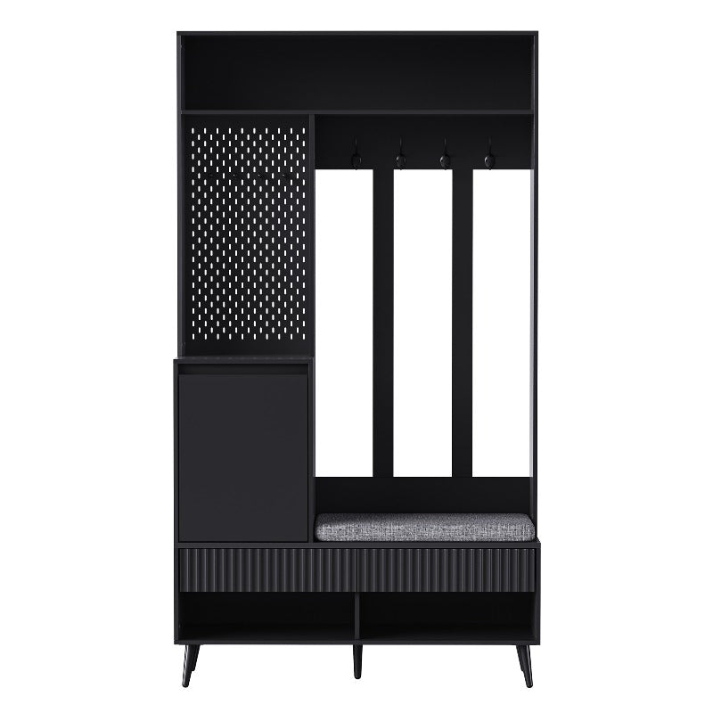 Coat Rack Entryway Hallway Storage Organizer with Shoe Bench 4 Hooks 2 Drawers 1 Door Cabinet for Home Black 100x35x180cm, Shoe Rack with Bench And Coat Hanger