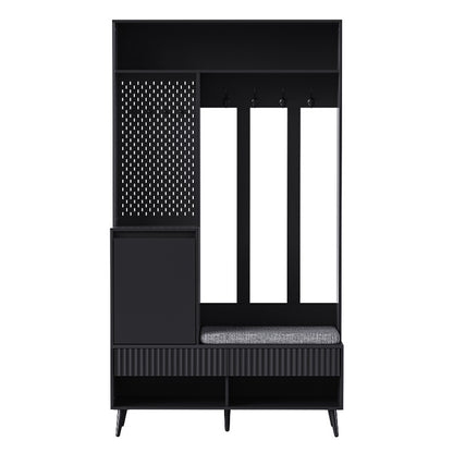 Coat Rack Entryway Hallway Storage Organizer with Shoe Bench 4 Hooks 2 Drawers 1 Door Cabinet for Home Black 100x35x180cm, Shoe Rack with Bench And Coat Hanger