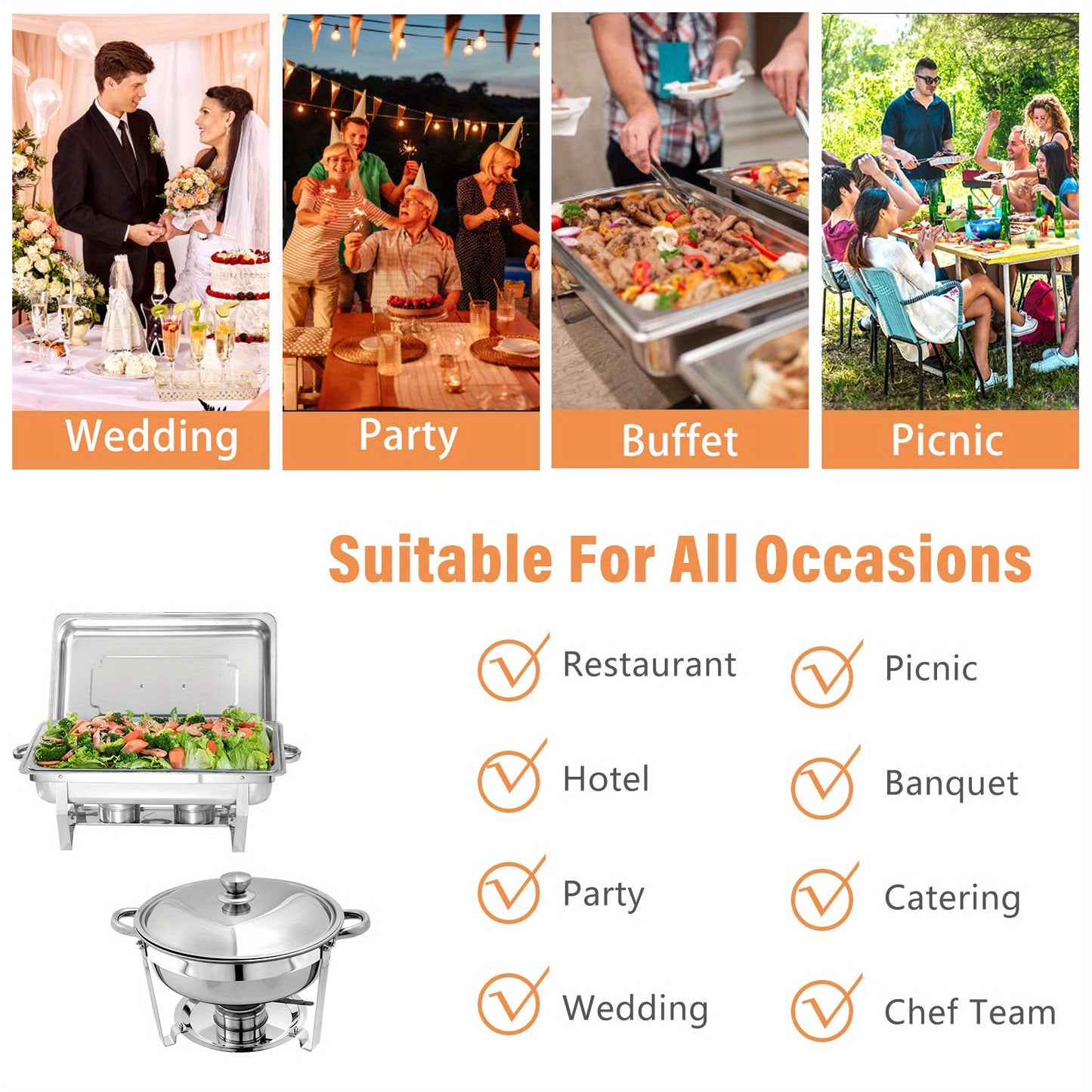 Chafing Dish – Buffetwarmer – Warmhoudschaal – Warmhoudplaat – Voedselwarmhouder – 8-delige Set – RVS 201 Roestvrij Staal – Zonder Elektriciteit