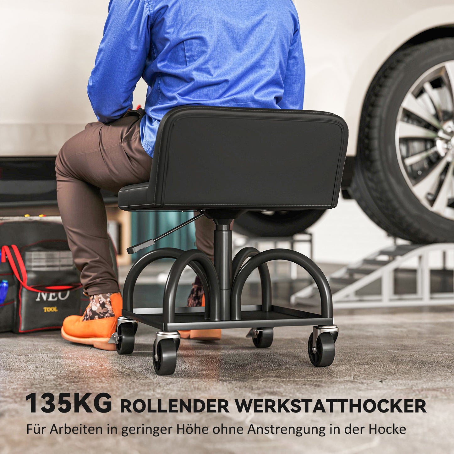 Werkplaatskruk – Werkkruk – Werkbankkruk – Werkstoel – Wielenkruk – Met Opbergrek – 58,5 cm Hoog – Draagvermogen 135 kg – Zwart Metalen Frame