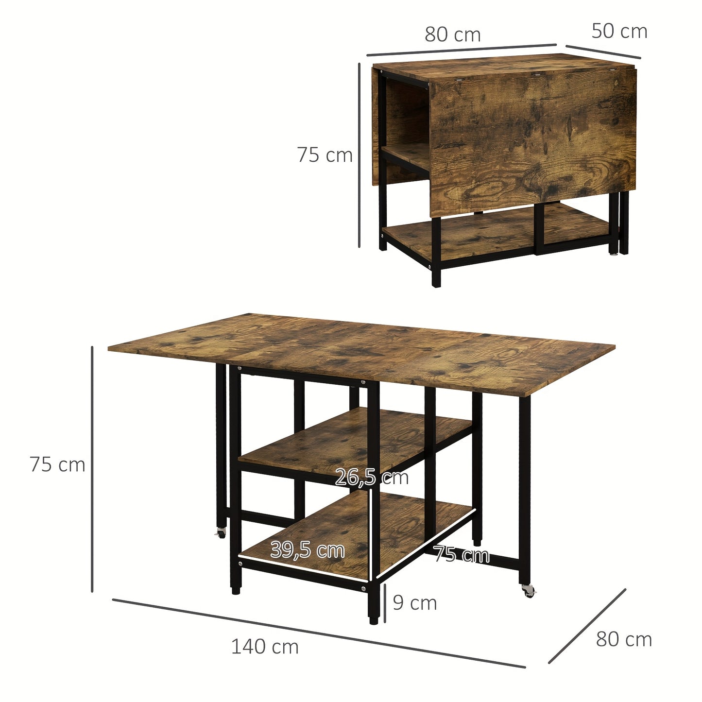 Opvouwbare Eettafel – Tafel Op Wielen – Vouwtafel – Uitschuifbare Tafel – Klaptafel – 140x80 cm – 2 Tiers Bruin Staal Rustiek