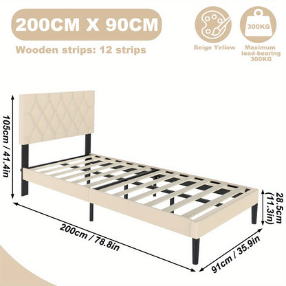 Bedframe – Bed – Tweepersoonsbed – Gestoffeerd bed – Ledikant – Beige Kunstleren Bekleding – 140x200 cm – Stevig MDF Metalen Frame – Max. Draagkracht 300 kg