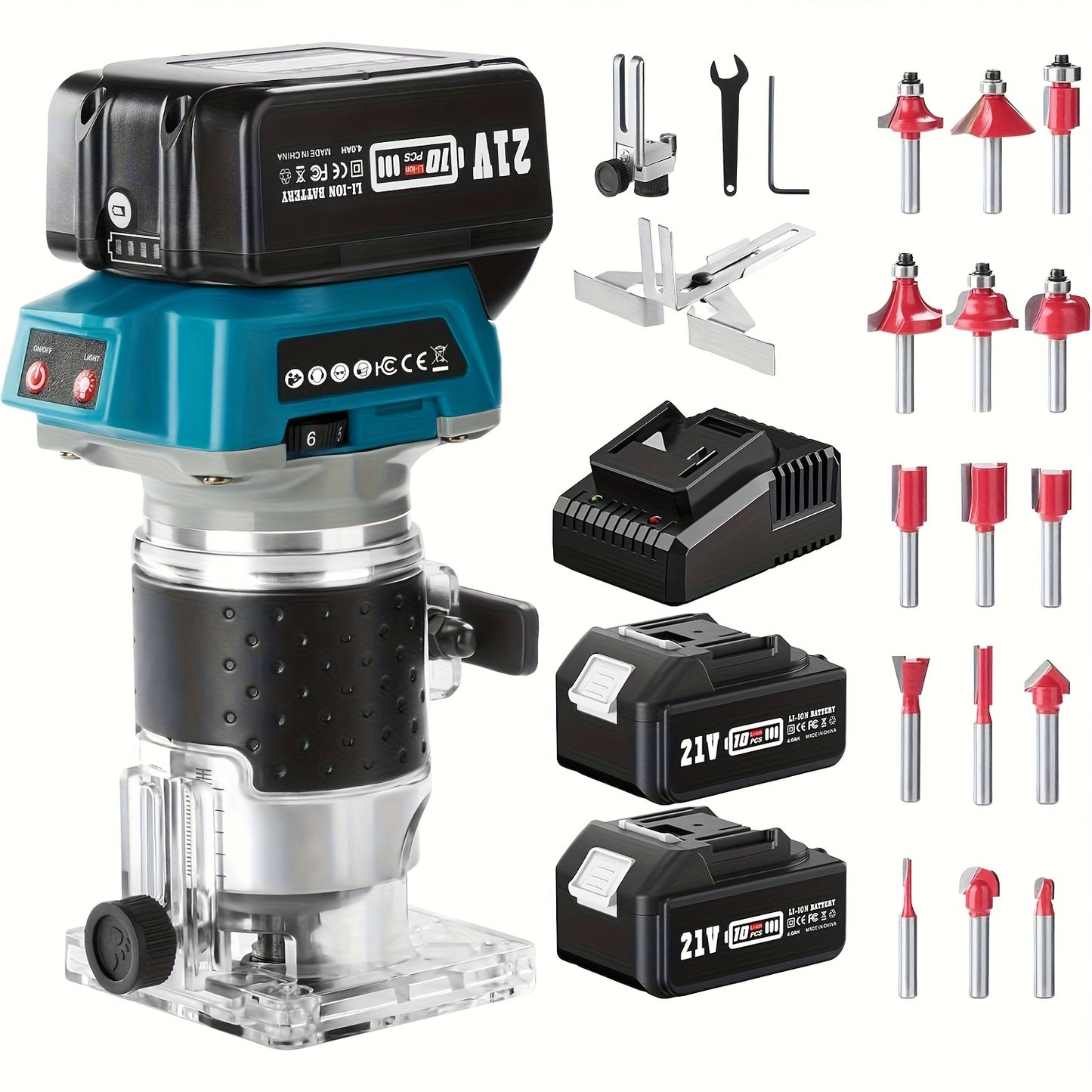 Handfrees – Draadloze Router – Elektrische Freesmachine – Houtfrees – Precision Frees – 21V Borstelloze Motor – 2x 4.0Ah Batterijen – 15-delige Freesbitset – Compact ABS Kunststof