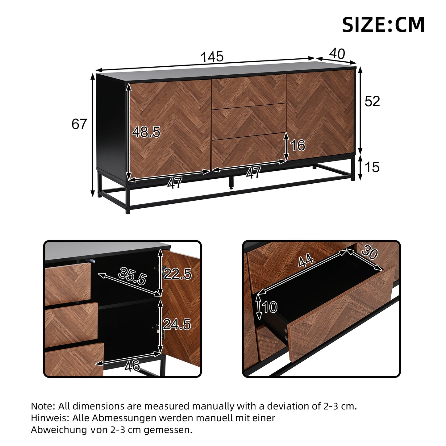Sideboard – Dressoir – Opbergkast – Kast – Bufetkast – Modern Design – 145x40x67 cm – Zwarte Metalen Frame – Houten Look – 3 Lades – 2 Deuren – Verstelbare Binnenwanden – Stabiel – Onderhoudsvriendelijk
