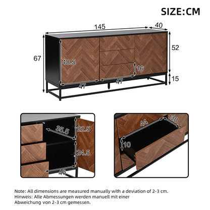 Sideboard – Dressoir – Opbergkast – Kast – Bufetkast – Modern Design – 145x40x67 cm – Zwarte Metalen Frame – Houten Look – 3 Lades – 2 Deuren – Verstelbare Binnenwanden – Stabiel – Onderhoudsvriendelijk