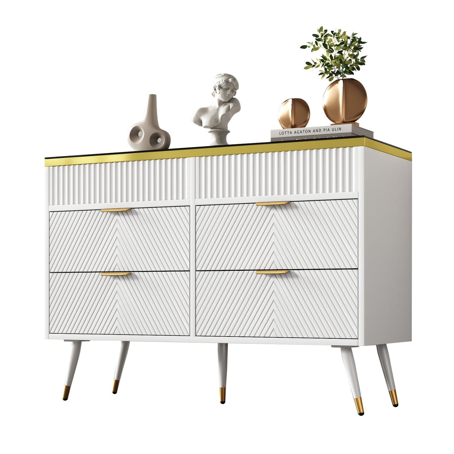 Ladekast – Kast – Commode – Opbergmeubel – Ladenkast – Wit met Amber Glas – Hardhouten Constructie – 6 Lades met Indeling – Anti-Kantel Veiligheid – 47,2 Kubieke Voet Opslag – 120 cm Hoog