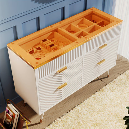 Dressoir – Sideboard – Opbergkast – Ladekast – Wandkast – Modern Wit – Hardhout & Amberglas – 6 Lades Met Compartimenten – Tip-Proof Veiligheidsfunctie – 120x40x76 cm