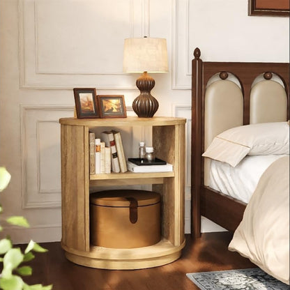 Nachtkastje – Bijzettafel – Opbergtafeltje – Bedtafel – Accenttafel – Ronde Vorm – 3 Opslagniveaus – Natuurlijke Houtlook – Compact & Stevig MDF