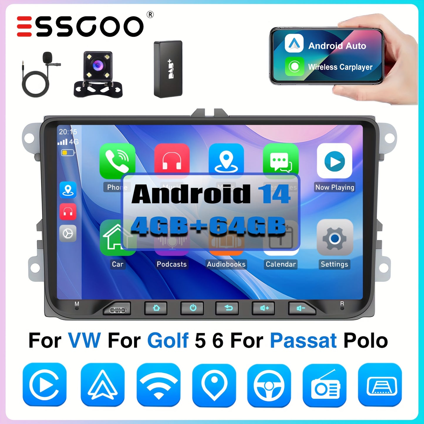 Multimedia Android 14 Auto Radio – Autoradio – Infotainmentsysteem – Touchscreen Speler – Navigatiesysteem – 9 Inch IPS Scherm – Draadloze CarPlay & Achteruitrijcamera Met DAB+ Adapter