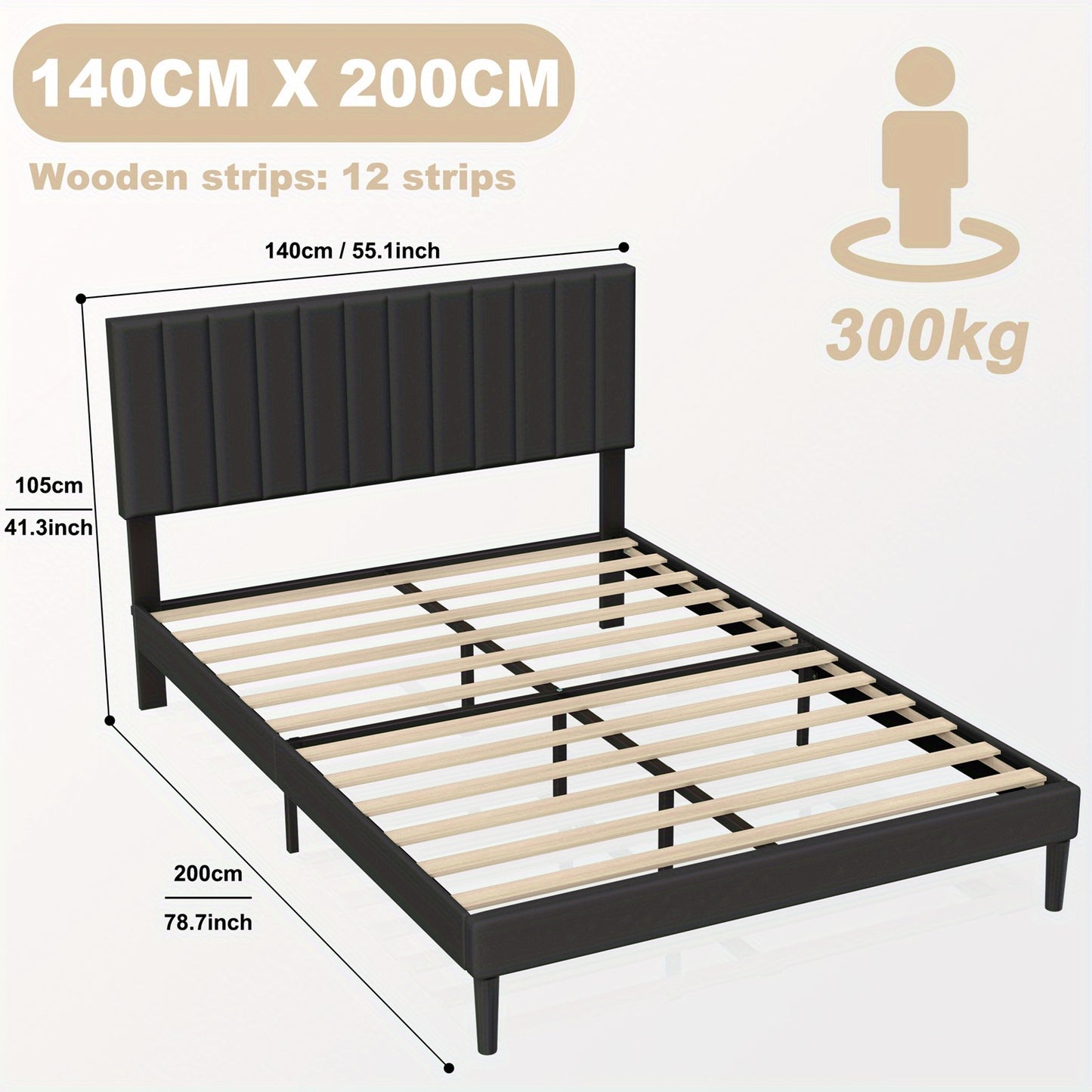 Zwart Gestoffeerd Bed – Fluwelen Bedframe – Platformbed – Slaapbank – Tweepersoonsbed – 140x200 cm – Met Fluwelen Hoofdbord – Stijlvol & Stevig