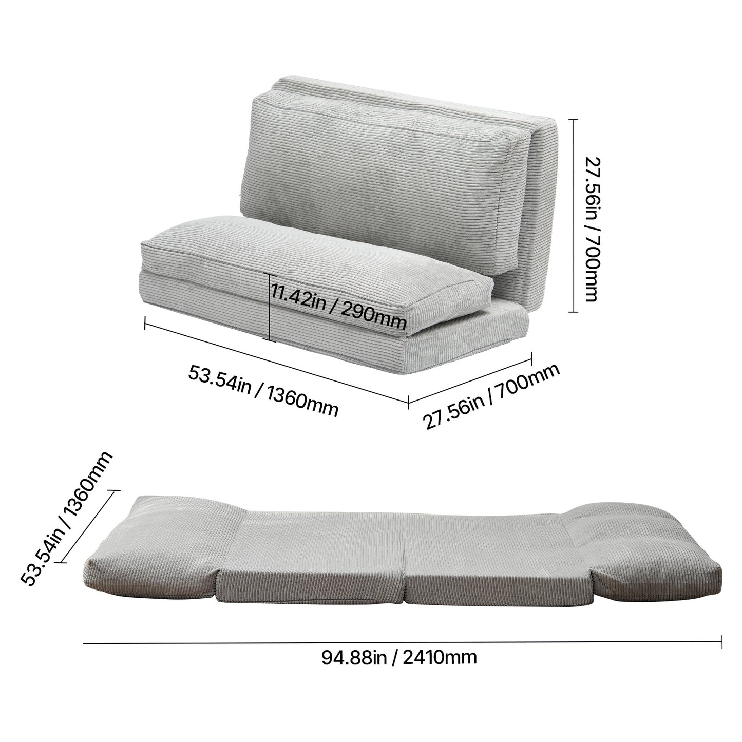 Vouwbank – Slaapbank – Klikklapbank – Bedbank – Loungestoel – Lichtgrijs – Wasbare Hoes – Hoogwaardig Schuim