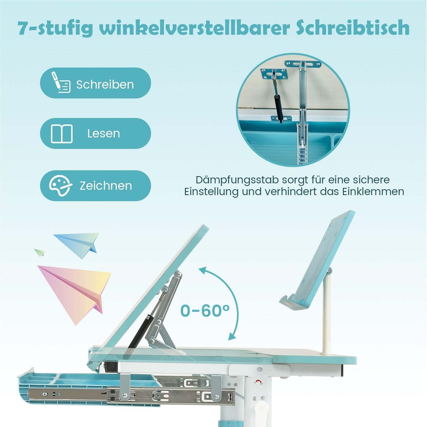 Kinderbureau – Kindertafel – Jeugdbureau – Tekentafel – Schoolbureau – Verstelbaar in Hoogte 51-73 cm – Kantelbaar Werkblad 0-60° – Opberglade Met Boekenplank – Blauw