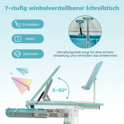 Kinderbureau – Kindertafel – Jeugdbureau – Tekentafel – Schoolbureau – Verstelbaar in Hoogte 51-73 cm – Kantelbaar Werkblad 0-60° – Opberglade Met Boekenplank – Blauw