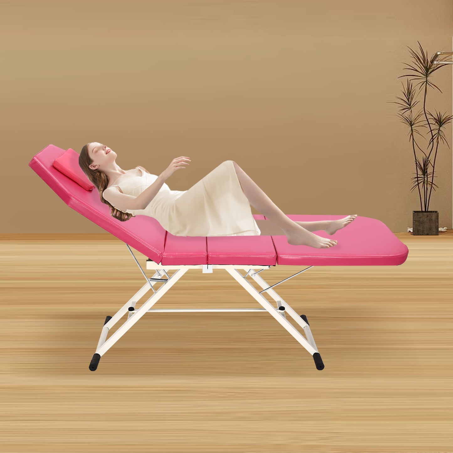 Massagetafel – Behandelingstafel – Massagesalon Bed – Schoonheidstafel – Tattoo Bed – Drie-delig Verstelbaar – Hoog Draagvermogen – Zacht Roze PU-Bekleding