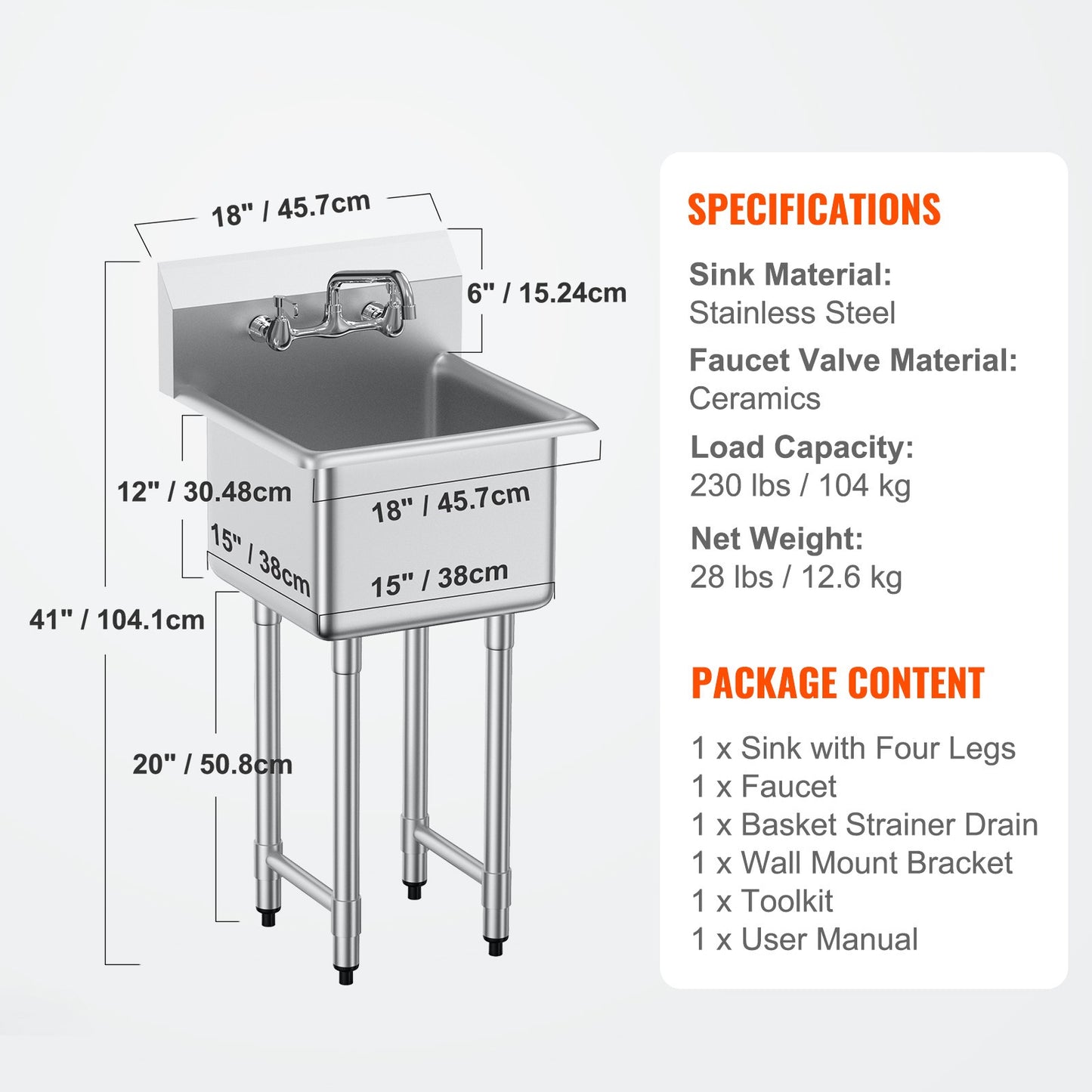 Spoelbak – Wasbak – Gootsteen – Keukenspoelbak – Enkele Bak – Roestvrij Staal RVS – 360° Draaibare Kraan – 45x104 cm Vrijstaand