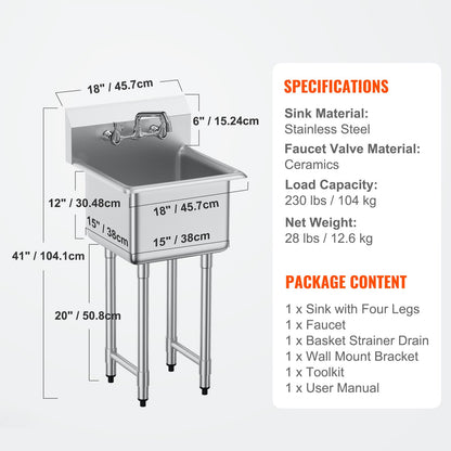 Spoelbak – Wasbak – Gootsteen – Keukenspoelbak – Enkele Bak – Roestvrij Staal RVS – 360° Draaibare Kraan – 45x104 cm Vrijstaand