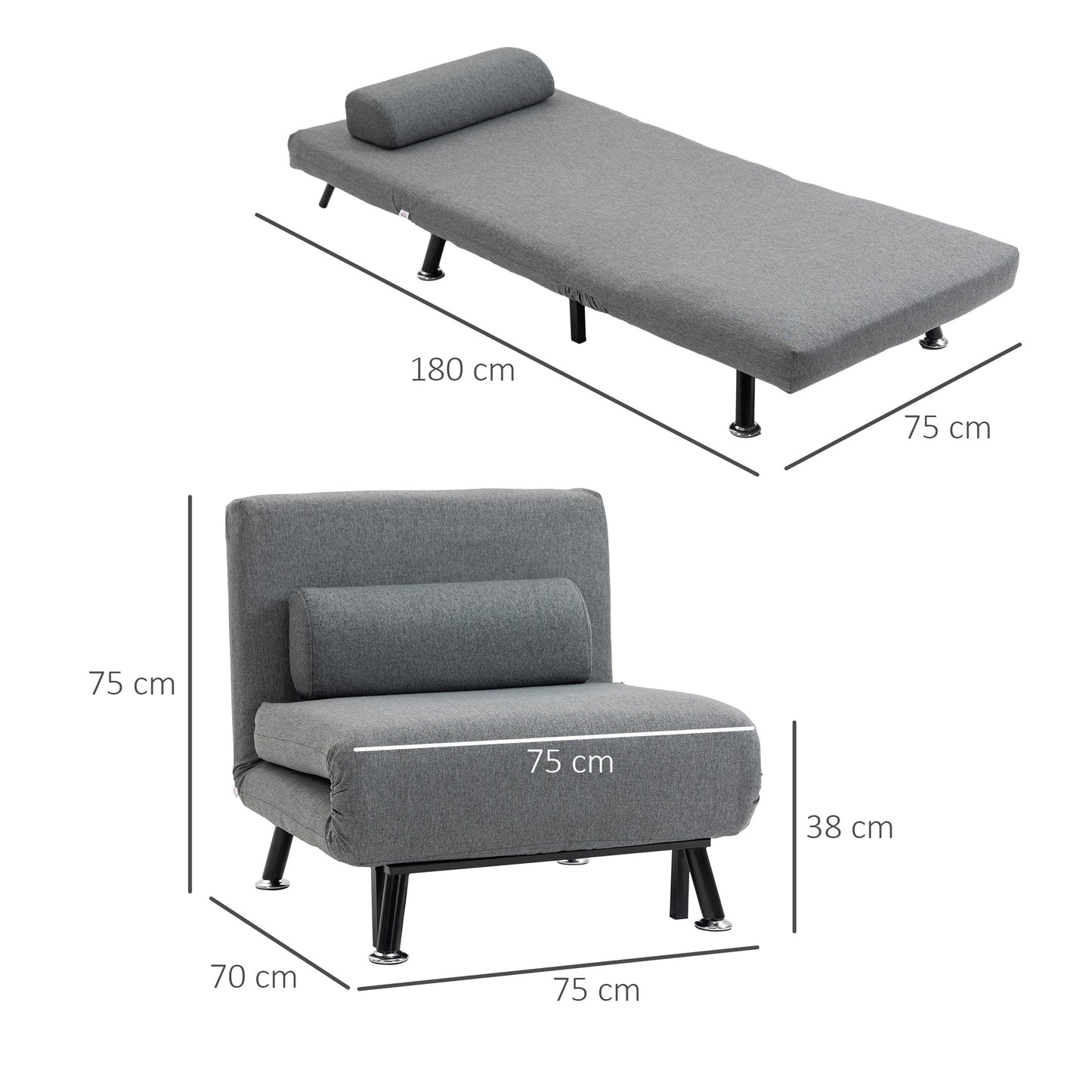 Inklapbare Relaxstoel – Ligstoel – Zitzetel – Slaapstoel – Relaxfauteuil – Donkergrijs – Verstelbare Rugleuning Met Bedfunctie – Compact Formaat 75x70x75 cm