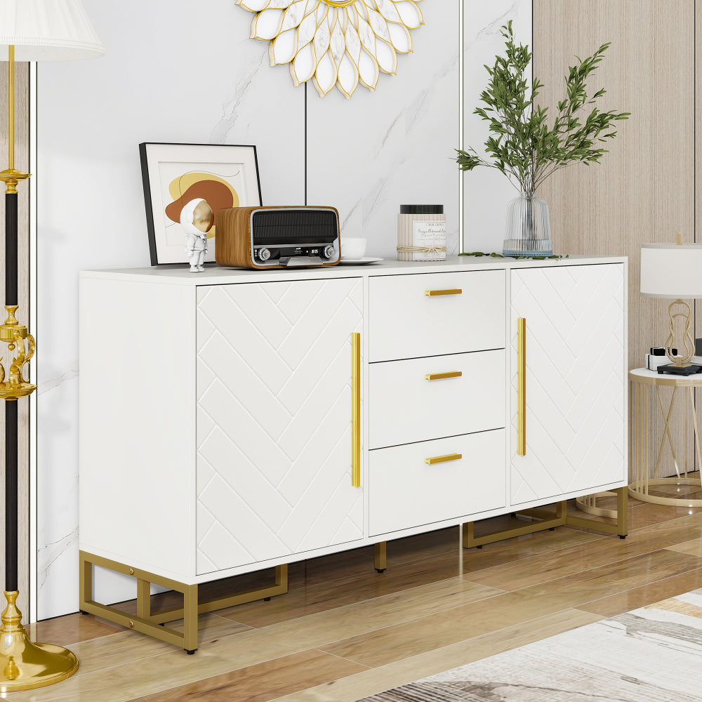 Dressoir – Opbergkast – Buffetkast – Ladekast – Wandkast – Wit – Visgraatpatroon – 2 Deuren & 3 Laden – Eigentijds Design