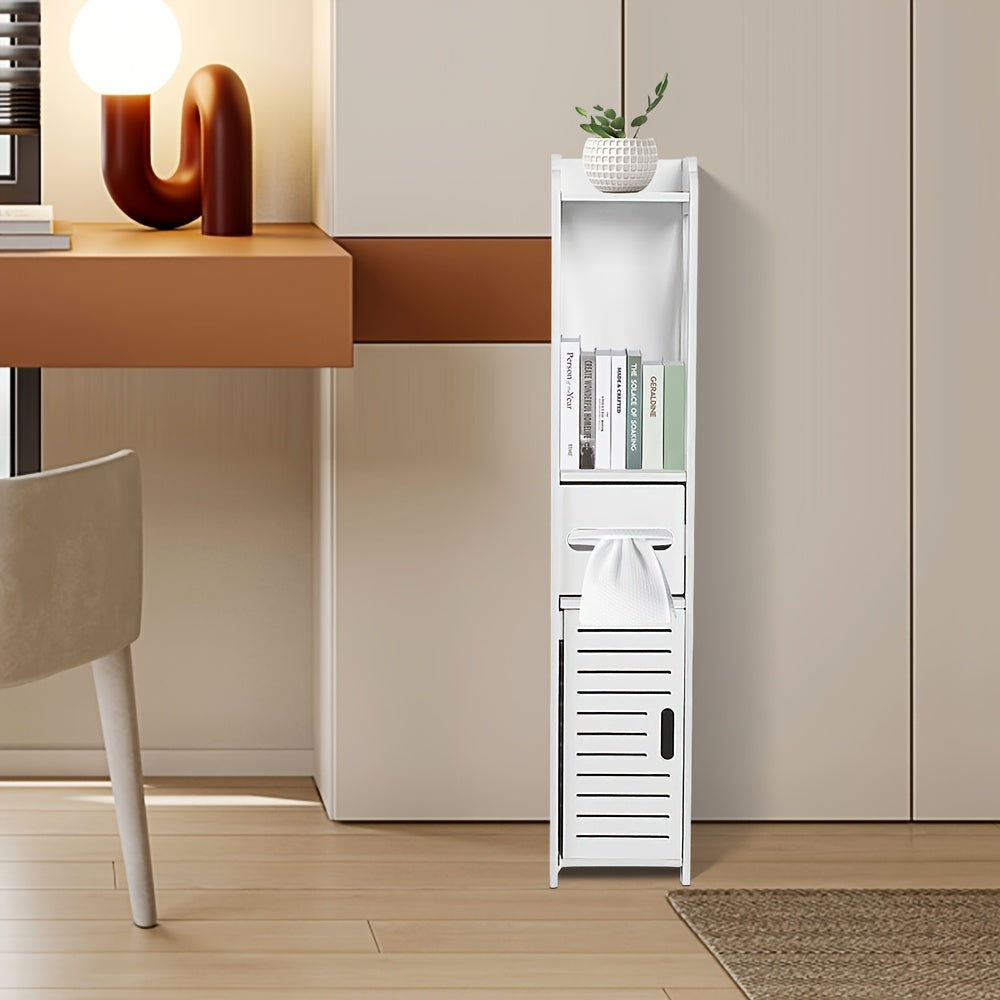 Badkamerkast – Opbergkast – Kolomkast – Opbergmeubel – Smalle Kast – Compact Ontwerp – PVC en Hardhout – 15x15x80 cm – Wit – Vrijstaand – Met Deur