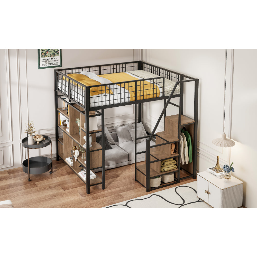 Bed – Bedframe – Bedden – Slaapbed – Stapelbed – Zwart – Metalen Frame – Opbergruimte – Trap – 140 x 200 cm