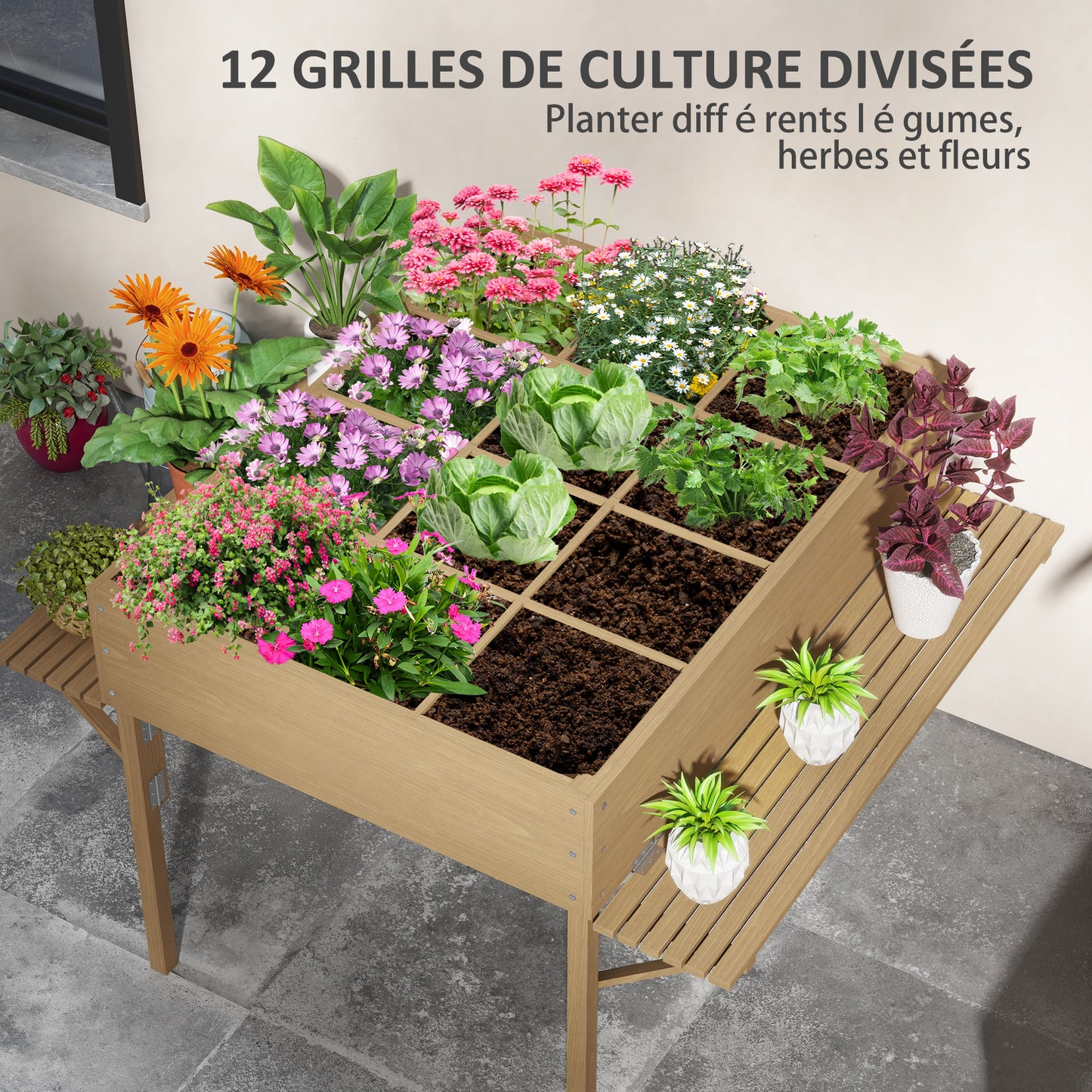 Verhoogde Plantenbak – Tuinbak – Kruidenbak – Groentetuinbak – Bloembak – 12 Vakjes – Vurenhout Met Zijplanken