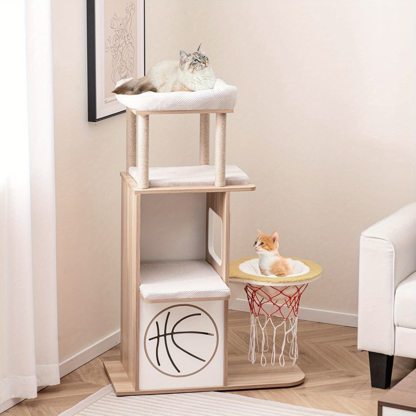 Krabpaal – Krabmeubel – Kattenboom – Kattenhuis – Kattenmeubel – 120 cm Hoog – Natuurlijke Houten Constructie Met Hangmat Basketballoop