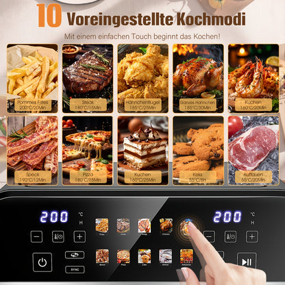 Dual Zone Airfryer – Heteluchtfriteuse – Airfryer Met Dubbele Mand – Gezonde Friteuse – 2 Bakken – 10,5L – Roestvrij Staal – 10 Voorgeprogrammeerde Kookfuncties