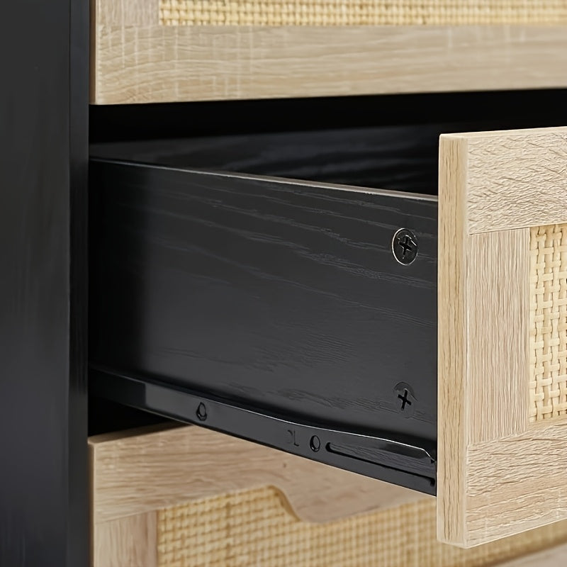 Rattan Nightstand with 3 Drawers - Natural Rattan & Hardwood Vintage Bedside Table, Black Finish, 3.2 Cu Ft Storage, Compact Under 68.58cm Height for Bedroom & Living Room, Easy Assembly