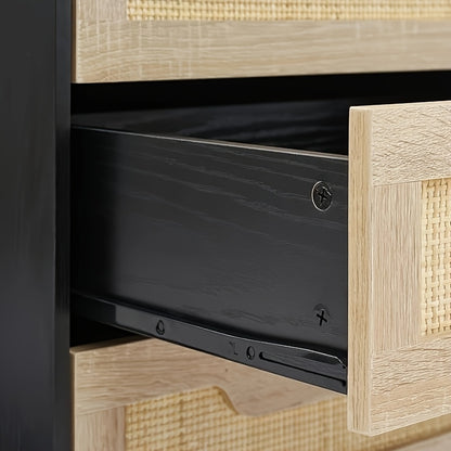 Rattan Nightstand with 3 Drawers - Natural Rattan & Hardwood Vintage Bedside Table, Black Finish, 3.2 Cu Ft Storage, Compact Under 68.58cm Height for Bedroom & Living Room, Easy Assembly