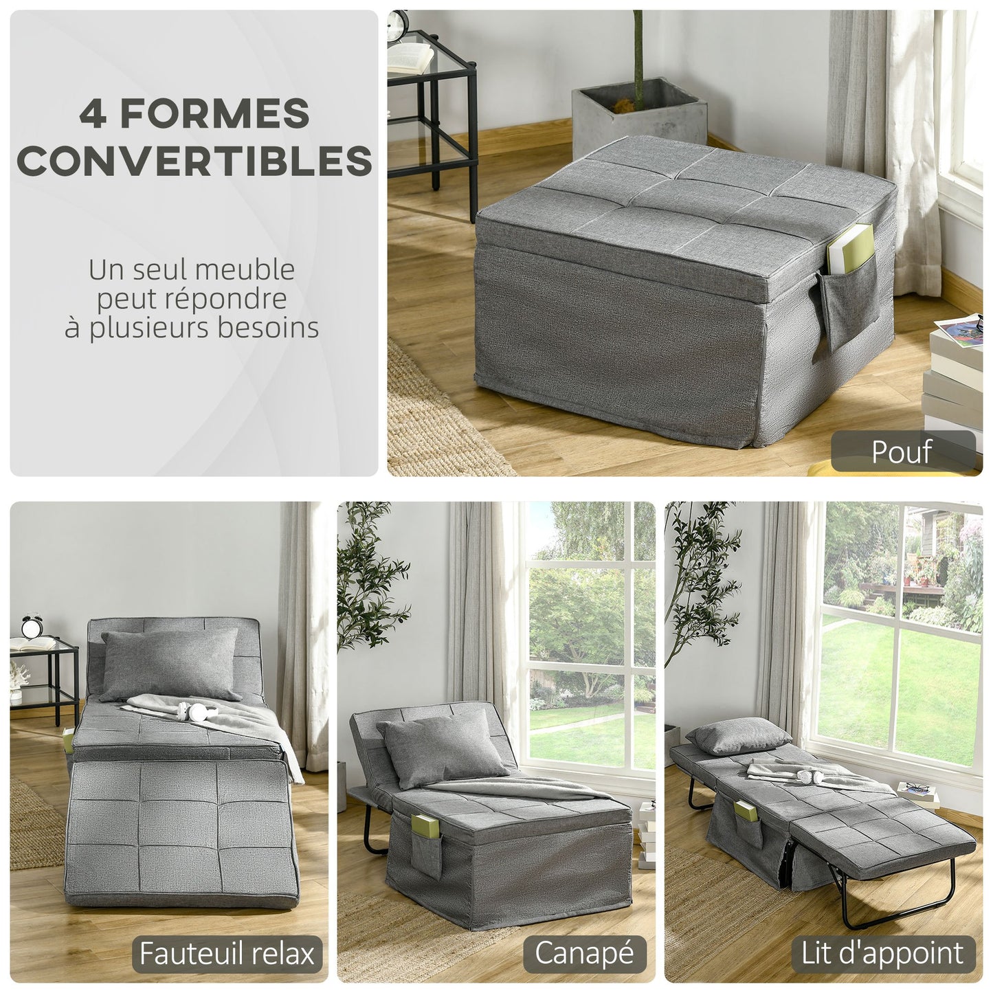 Fauteuil – Relaxstoel – Zitslaapbank – Poef – Grijs Linnenstof – 4-in-1 Multifunctioneel – Verstelbare Rugleuning 5 Standen