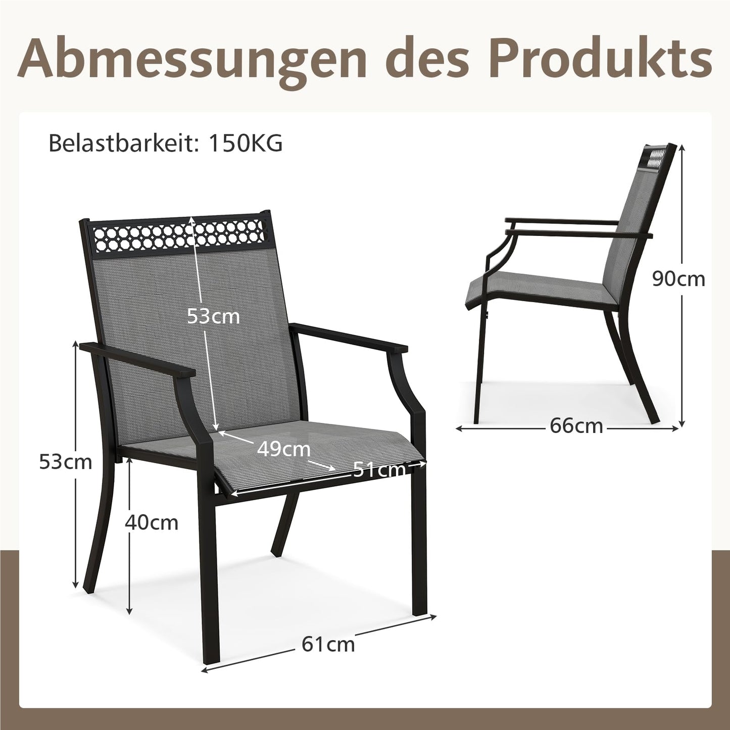 Tuinstoelen – Terrasstoelen – Balkonstoelen – Outdoor Stoelen – Tuinstoelen Set 2 – Brede Zitting – Snel Droogend Stof – Grijs