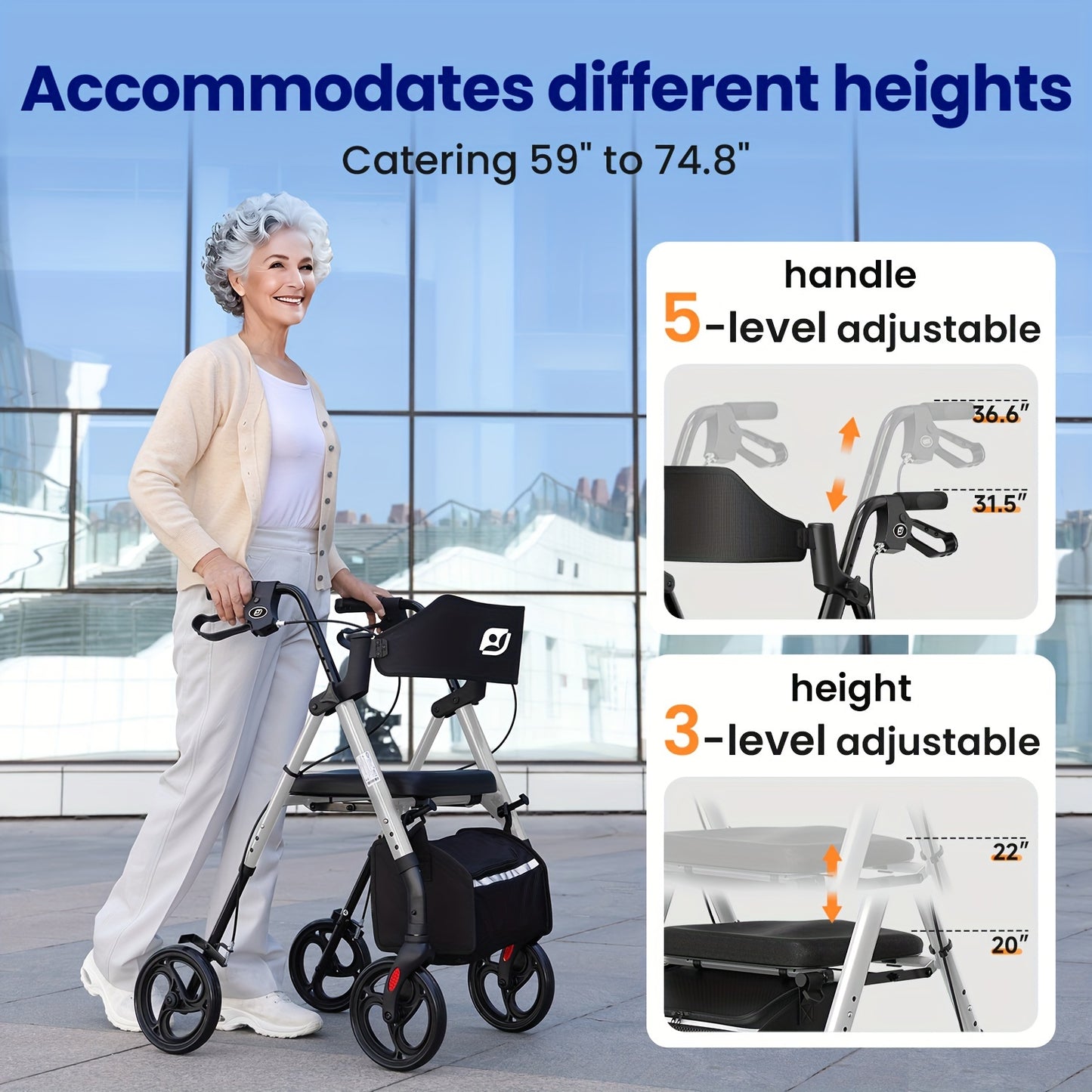 Opvouwbare Rollator – Looprek – Wandelwagen – Rollator Met Zitje – Seniorenrollator – Aluminium Frame – Grote 20,32 cm Wielen – Verstelbare Hoogte – Ergonomisch Zitje – Draagvermogen 136 kg – Rood
