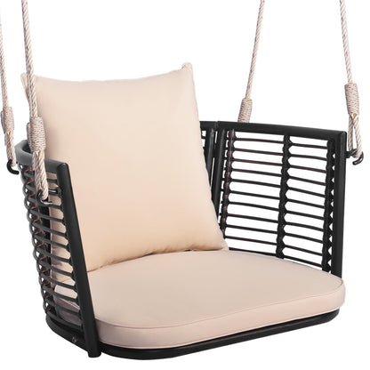 Hangstoel – Hangfauteuil – Schommelstoel – Hangmatstoel – Tuinstoel – Rattan – Met Metalen Frame – Inclusief Kussens – Tot 180 kg Belastbaar – Beige