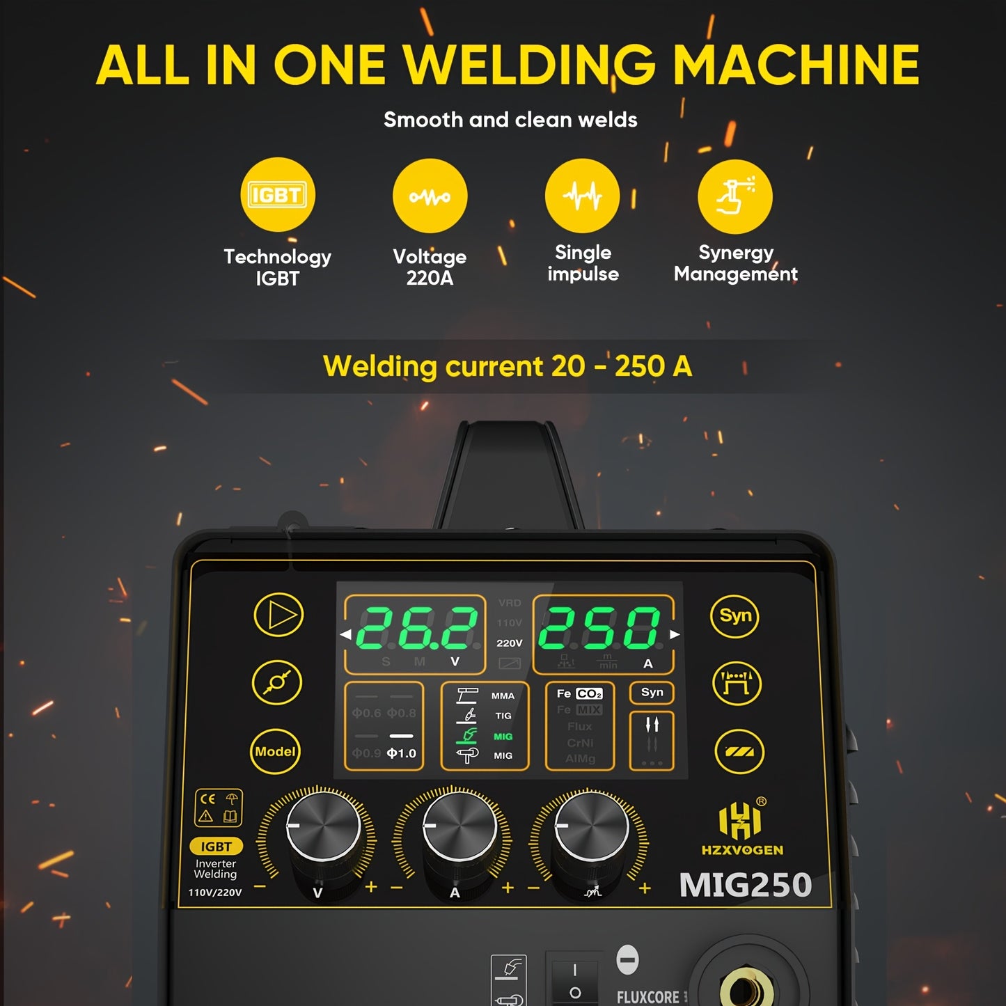Lasmachine – Mig-lasmachine – TIG-lasapparaat – Elektrisch lasapparaat – Multi-process lasmachine – 250A Vermogen – Digitaal LED-display