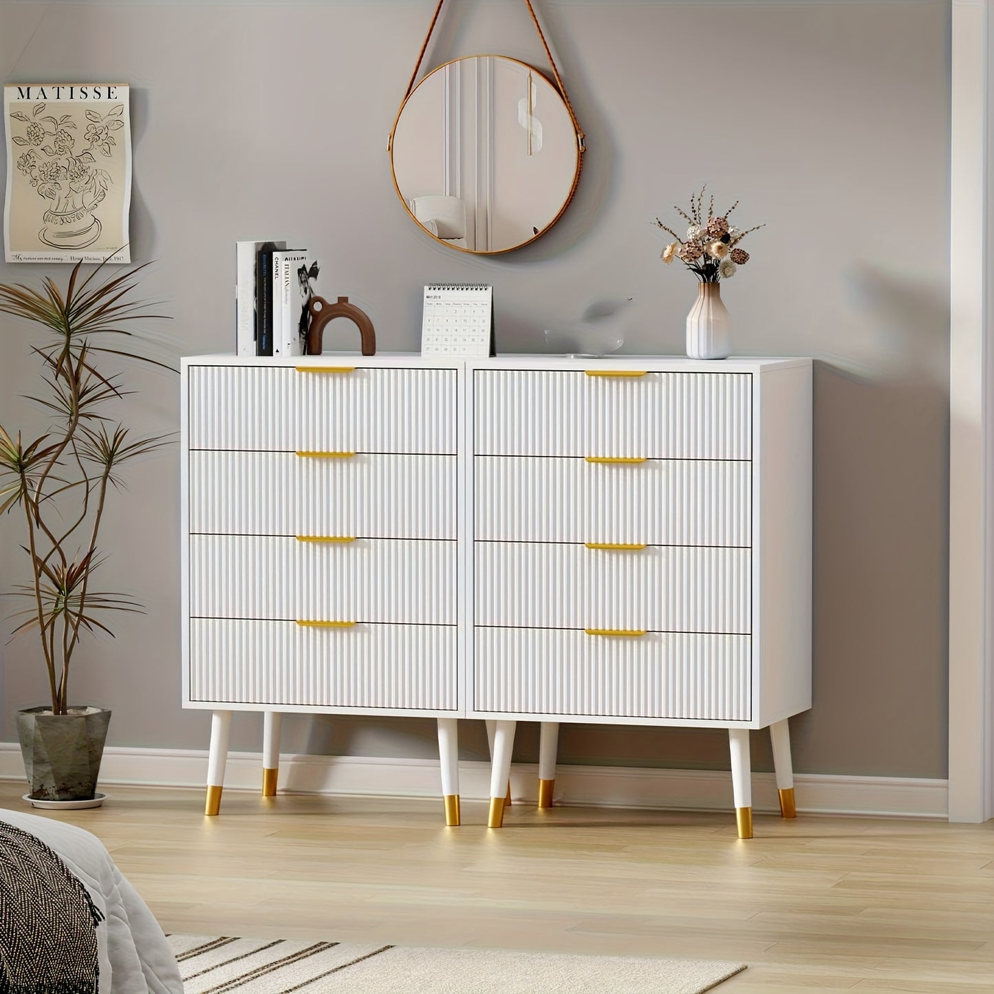 Opbergkast – Kast – Ladenkast – Ladekast – Dressoir – Zwart Met Geborsteld Gouden Handgrepen – 4 Laden – Stevige Constructie – Eenvoudige Montage