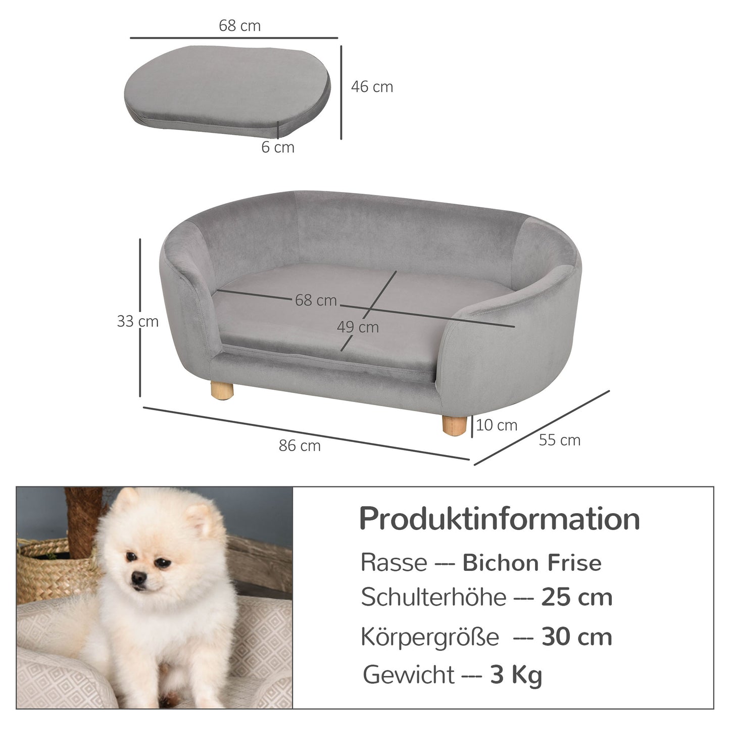 Hondenmand – Dierenbank – Hondenbed – Hondenkussen – Kattenmand – Dutch Velvet Bekleding – Verhoogd Met Berkenhouten Poten – Lichtgrijs – 86x55x33 cm – Comfortabele Foamvulling