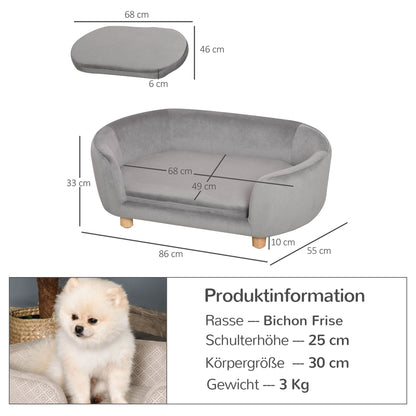 Hondenmand – Dierenbank – Hondenbed – Hondenkussen – Kattenmand – Dutch Velvet Bekleding – Verhoogd Met Berkenhouten Poten – Lichtgrijs – 86x55x33 cm – Comfortabele Foamvulling