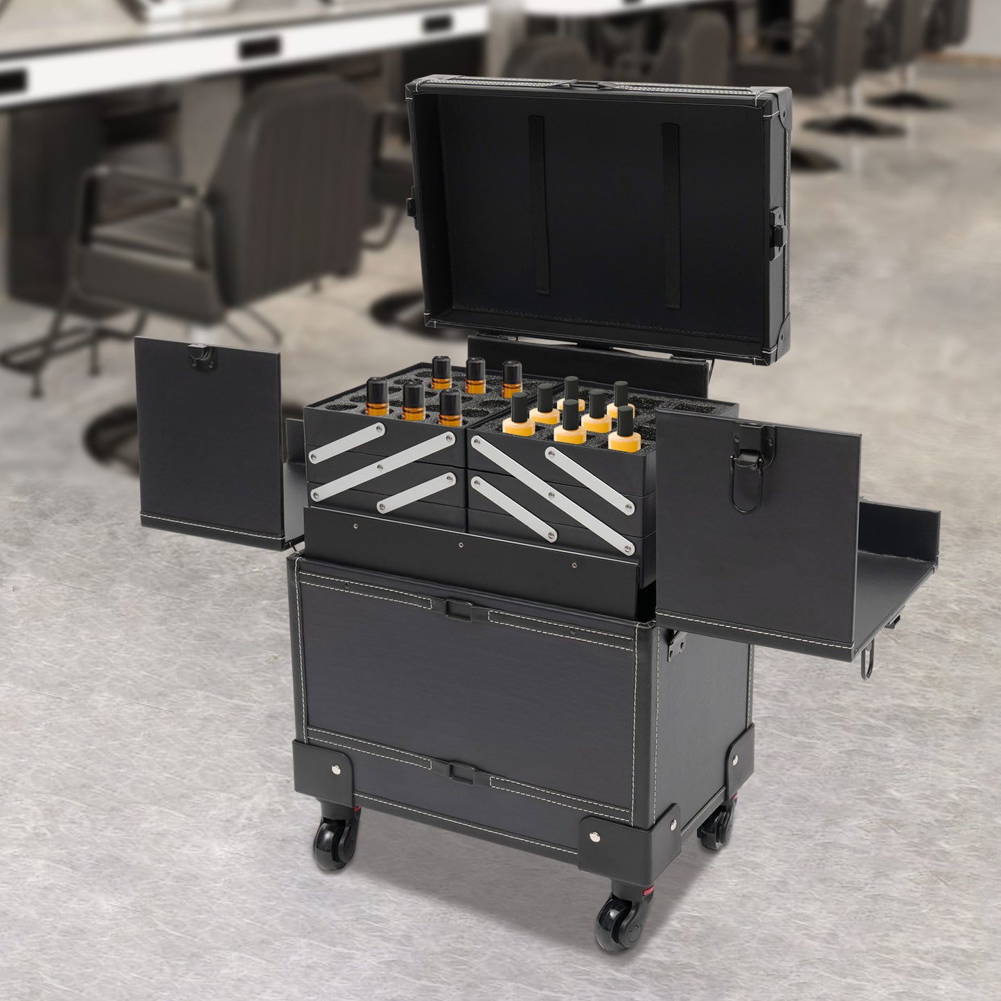 YIYIBYUS Professional Right-Angle Rolling Makeup Trolley - Durable PU Beauty Organizer with Multiple Compartments & Trays, Black Cosmetic Case for Makeup Artists, Nail Technicians, Hairdressers - Salon & Travel Use
