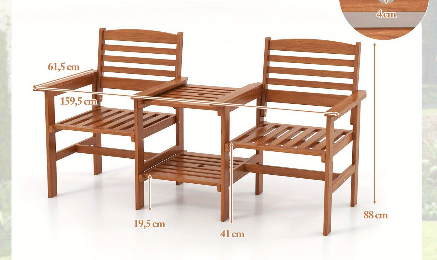 Tuinbankje – Tuinbank – Buitenbank – Zitbank – Balkonbank – 2-zits Houten Tuinbank Met Tafel En Parasolhouder – 159,5x61,5x88 cm – Duurzaam Hout