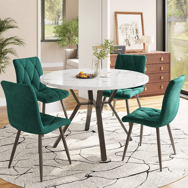 Eetkamerset Rond – Ronde Tafelset – Eettafel Met Stoelen – Dinerset – Eettafelset – Modern Minimalistisch Design – Marmeren Blad & Groen Suède Beklede Stoelen