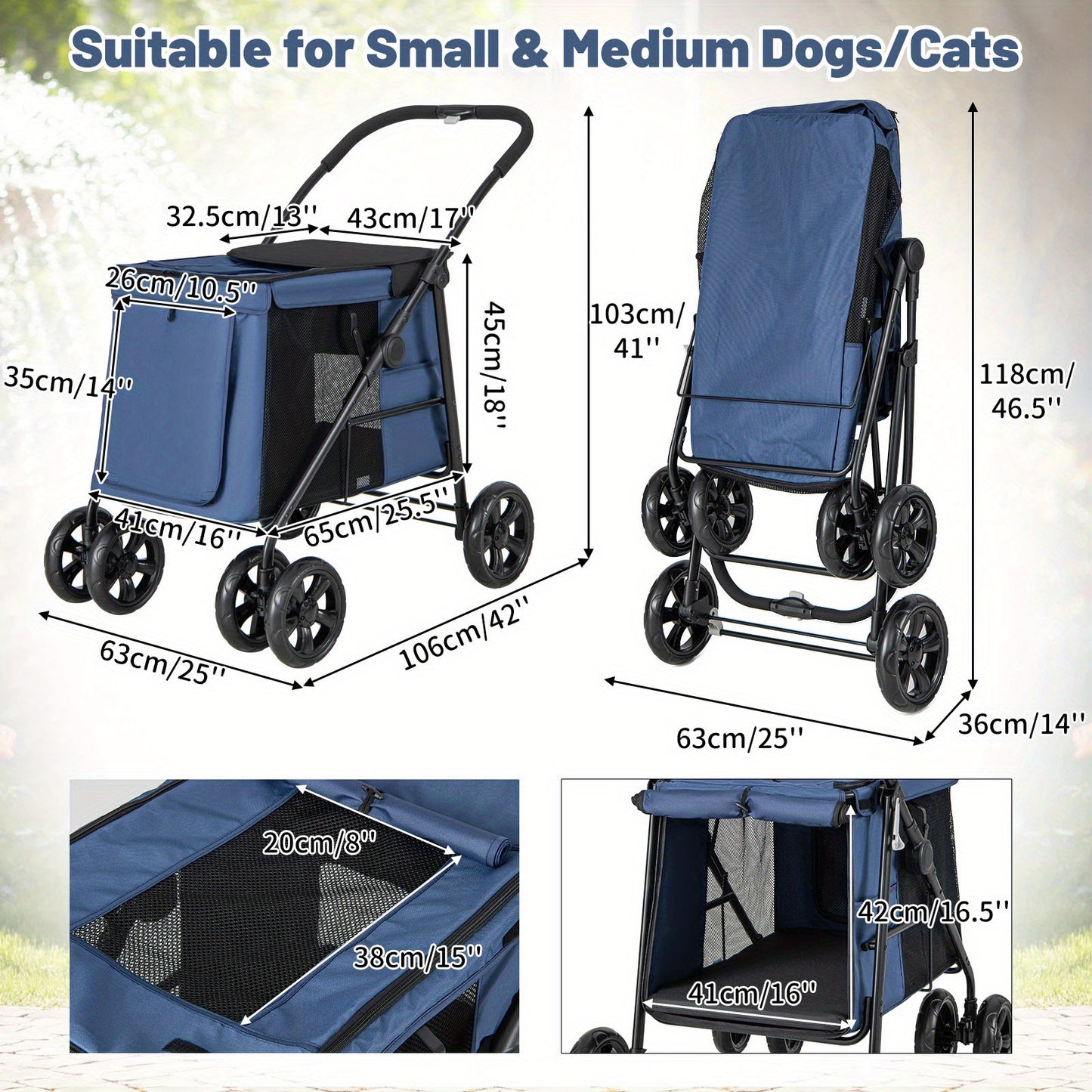 Hondenwagen – Hondenbuggy – Hondenkar – Hondenbuggy Opvouwbaar – Blauw – Geschikt Tot 40 Kg – Met Mesh Ramen & Kussen