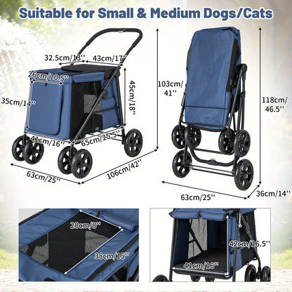 Hondenwagen – Hondenbuggy – Hondenkar – Hondenbuggy Opvouwbaar – Blauw – Geschikt Tot 40 Kg – Met Mesh Ramen & Kussen