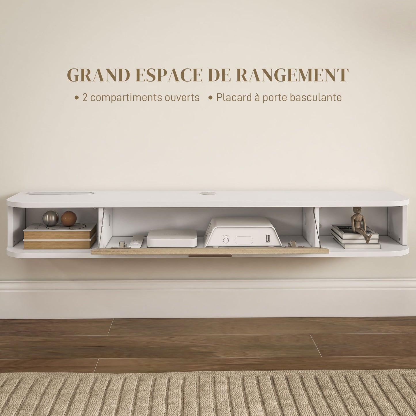 TV Meubel Wandmontage – TV Plank – Wandrek – TV Kast – Opbergmeubel – Wit – Voor TV Tot 50 Inch – Melamine Spaanplaat – Kabeldoorvoer