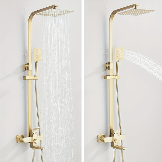 Douche Set – Regendouche – Handdouche – Douchepaneel – Douche Systeem – Geborsteld Goud – RVS Materiaal – Muurmontage Zonder Elektriciteit