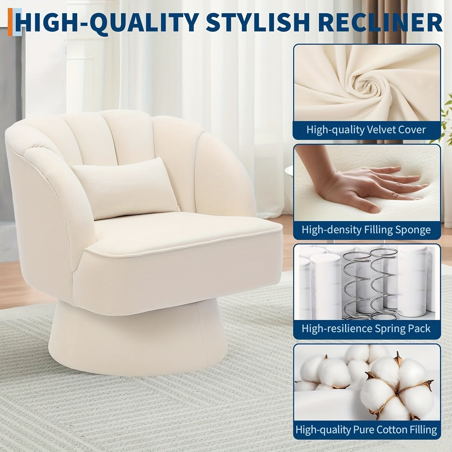 Draaifauteuil – Fauteuil – Lounge Stoel – Accentstoel – Bergère – Beige – 360° Draaibaar – Zachte Velvet Bekleding