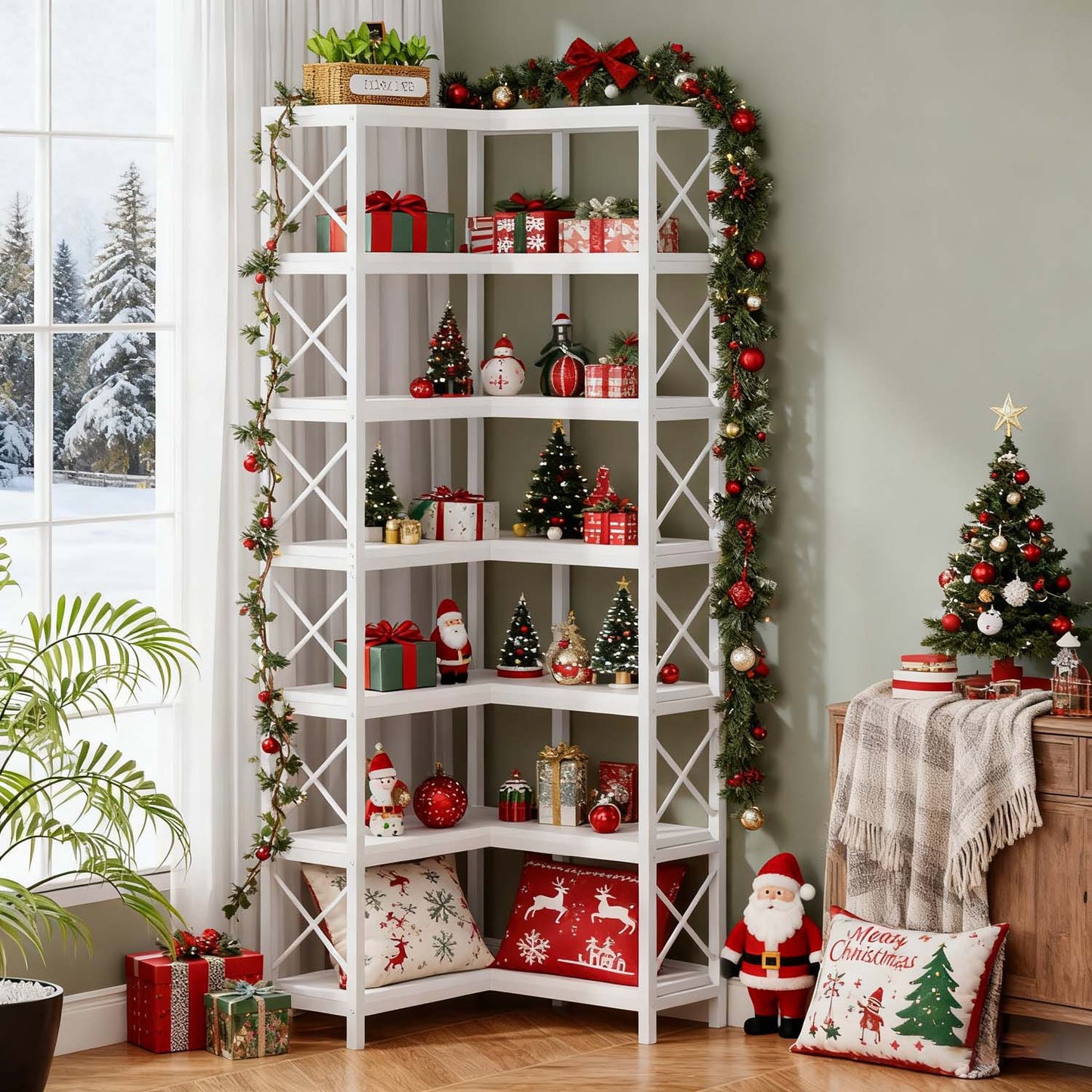 Tall 7 Tier Corner Bookcase with Sturdy Metal Frame, Large Industrial Style Corner Bookshelf and Display Storage Rack for Living Room or Home Office, Clean White Finish