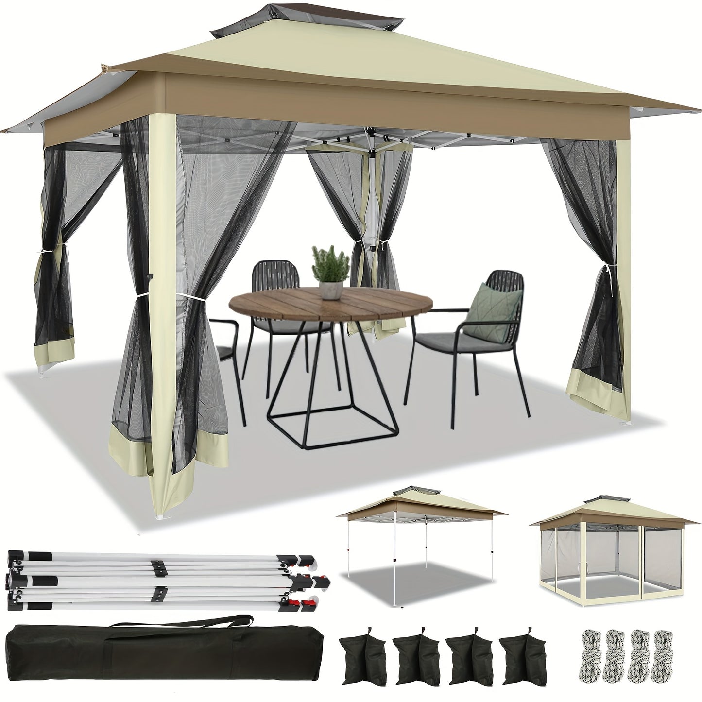 3.66x3.66meter Pop-Up Tent with 4 Mosquito Net Side Walls, Double Roof Design, Height Adjustable, Carry Bag Included - Ideal for Beach, Outdoor, Terrace Use, Beach Tent, Outdoor Shelter, Modern Shelter, Durable Fabric
