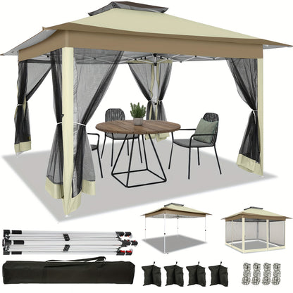 3.66x3.66meter Pop-Up Tent with 4 Mosquito Net Side Walls, Double Roof Design, Height Adjustable, Carry Bag Included - Ideal for Beach, Outdoor, Terrace Use, Beach Tent, Outdoor Shelter, Modern Shelter, Durable Fabric