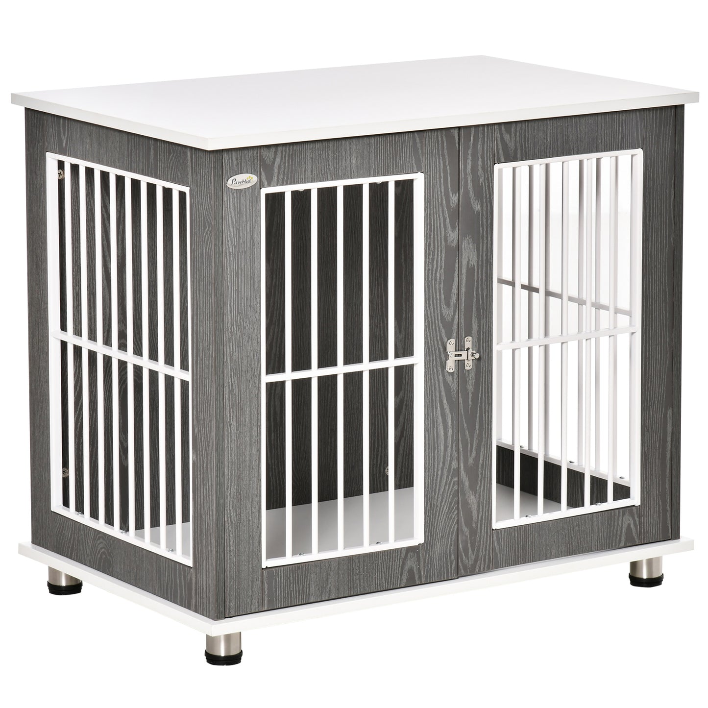 Hondenbench – Hondenkooi – Transportbench – Hondenhok – Dierenbench – Vergrendelbare Hondenbench – Stevig Houten Frame – Verstelbare Voetjes – Grijs-Witte Kleur