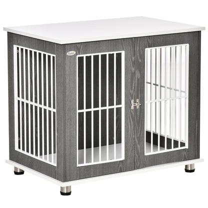 Hondenbench – Hondenkooi – Transportbench – Hondenhok – Dierenbench – Vergrendelbare Hondenbench – Stevig Houten Frame – Verstelbare Voetjes – Grijs-Witte Kleur